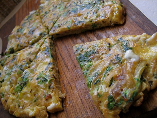 Frittata with Spring Greens, Feta and Caramelized Onions