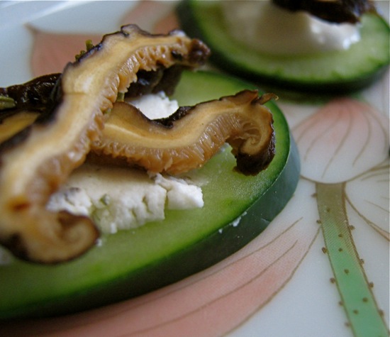 Pickled Shiitakes and Chevre on Cucumbers